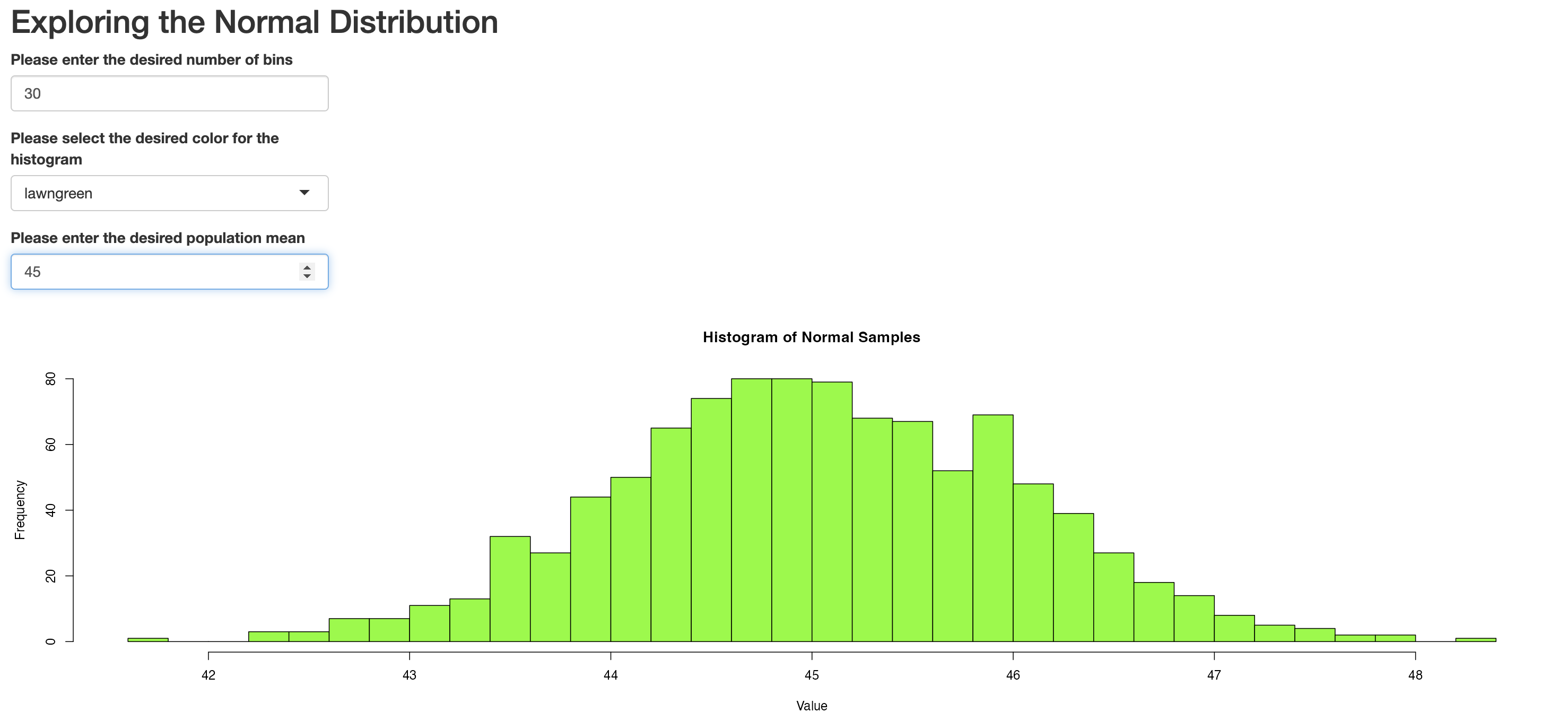 Figure 21. Interactive plot with user inputs for color, number of bins, and mean