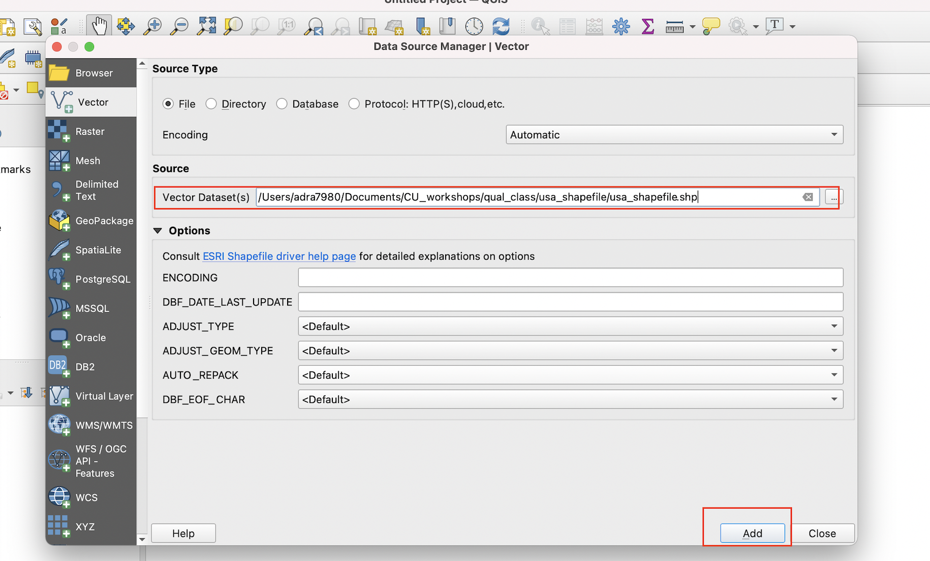 Confirm the shapefile's path and click 'Add'