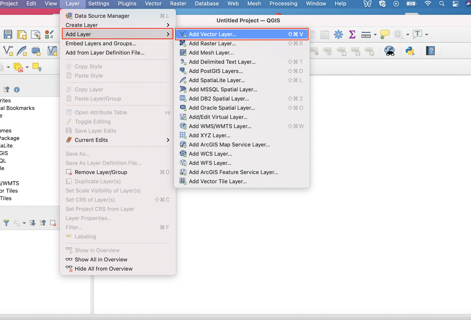 Navigating to the 'Add Vector Layer' Menu