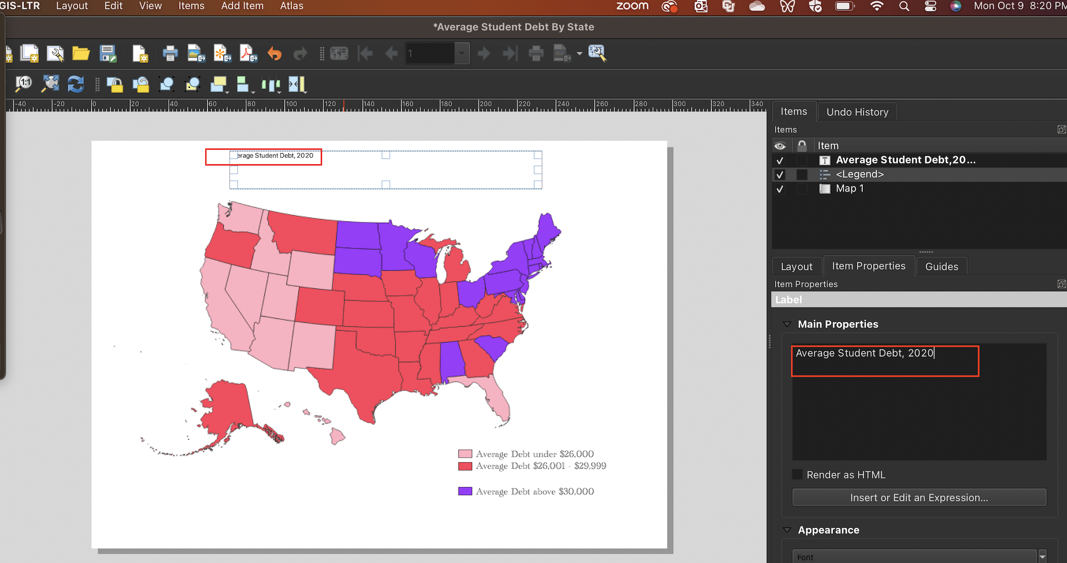 Print the text for the title in the 'Main Properties' dialog box associated with the label