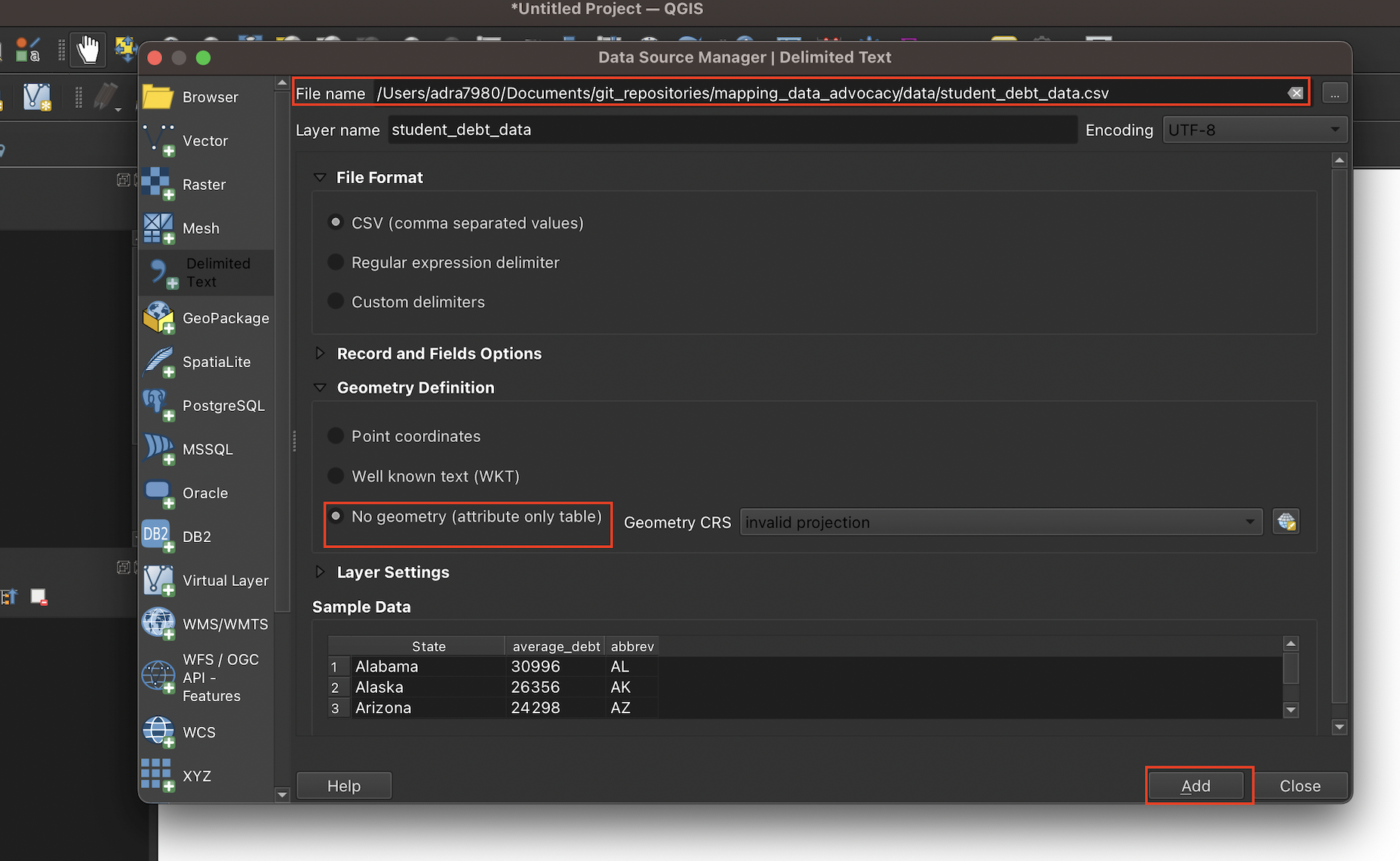 Set paremeters before adding the CSV file