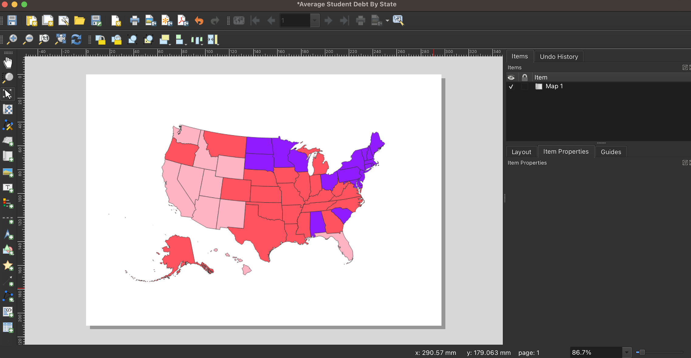 Shapefile imported into QGIS print layout as a map