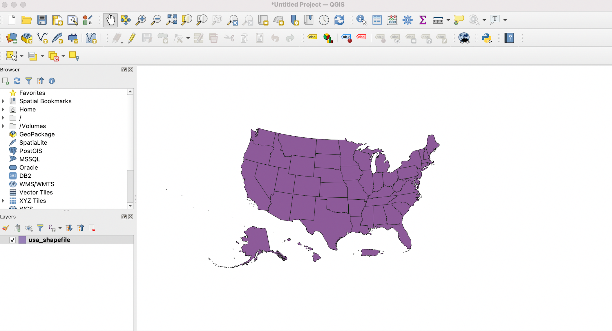 The rendered shapefile/spatial dataset rendered in the QGIS project window