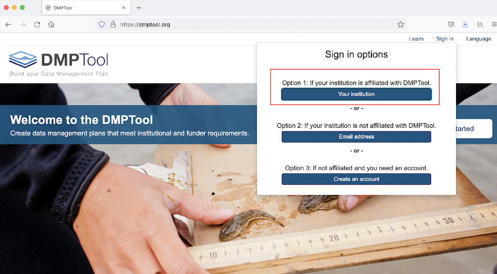 Sign into DMPTool via your institution