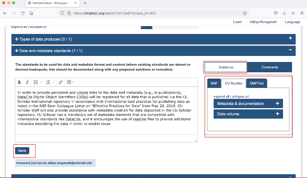 Completing an individual section within the 'Write Plan' tab