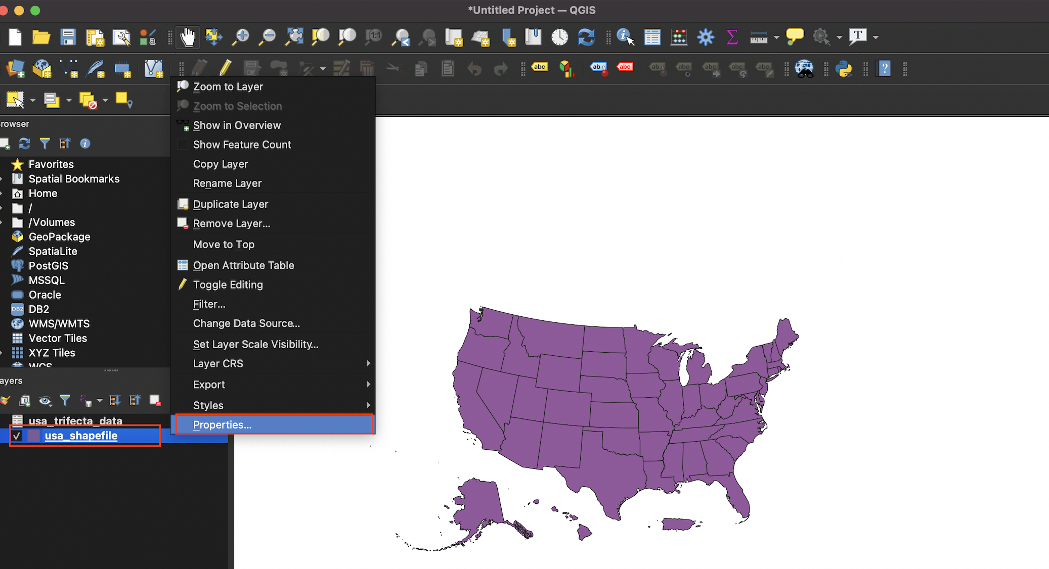 Open the 'properties' dialog box