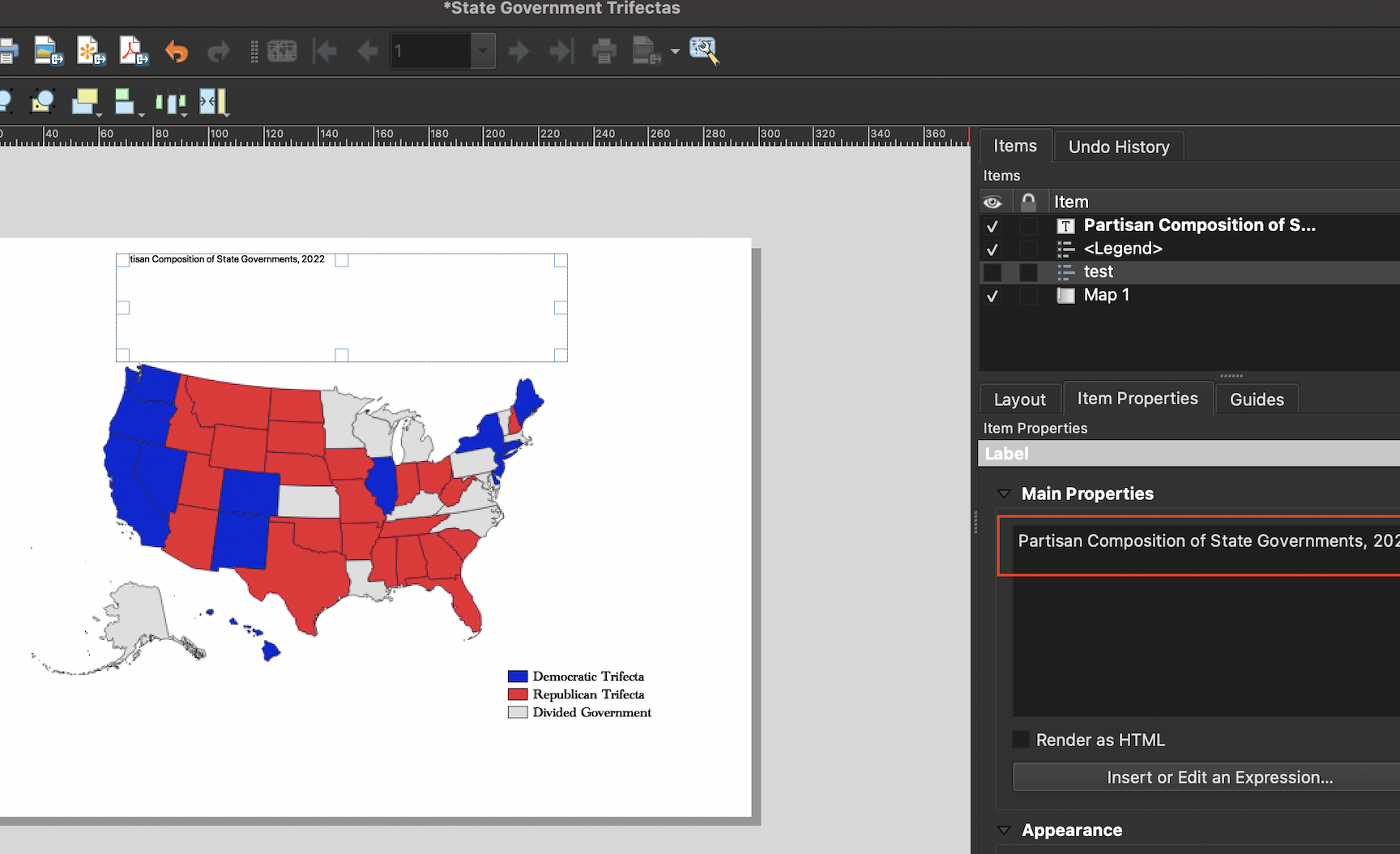 Print the text for the title in the 'Main Properties' dialog box associated with the label