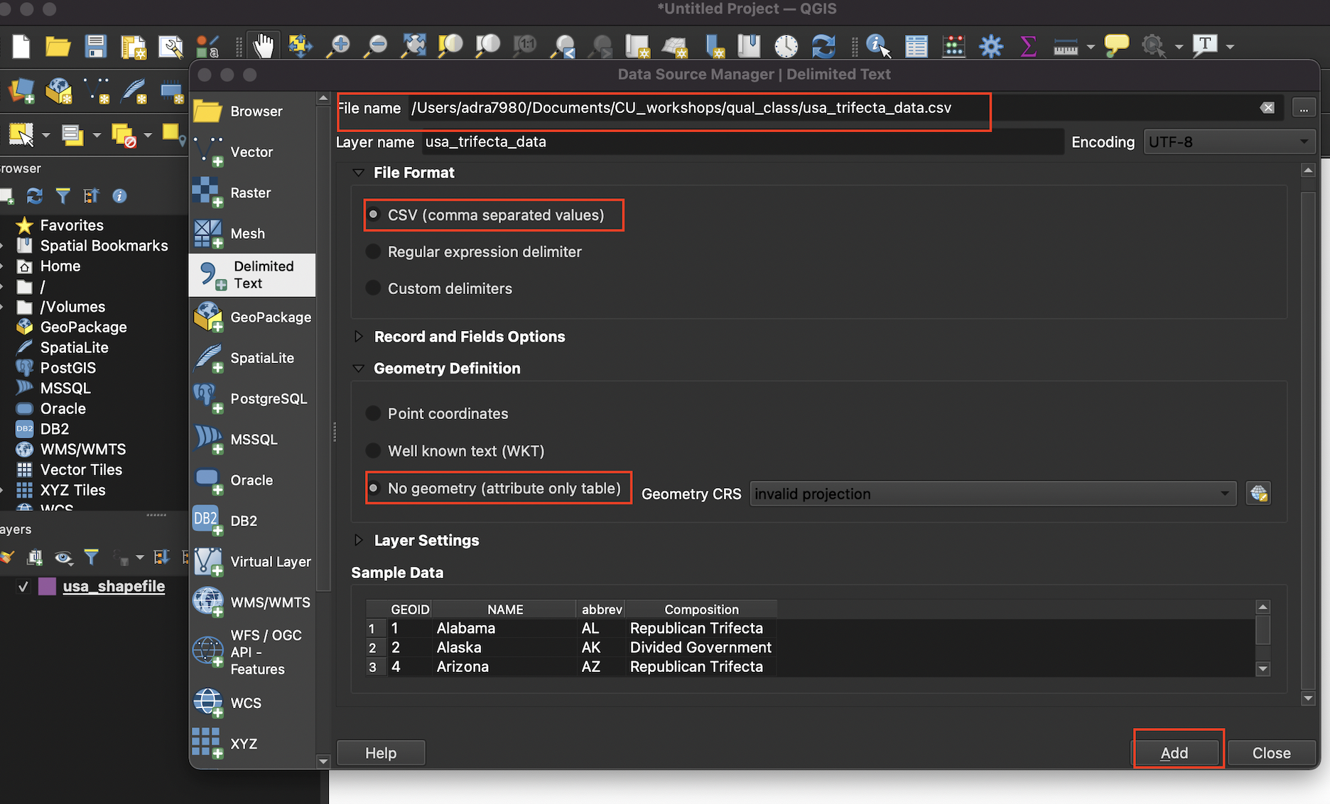 Set paremeters before adding the CSV file