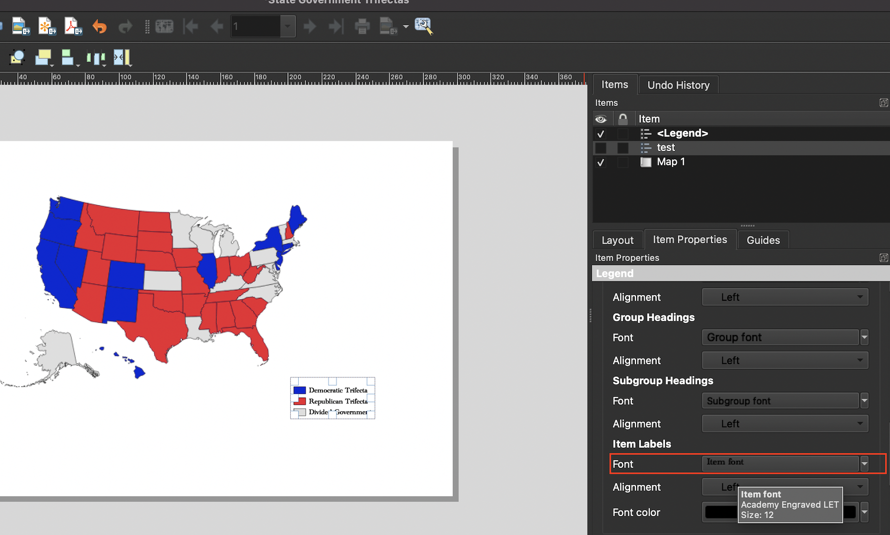 Click on the 'Font' button under the 'Item Labels' heading