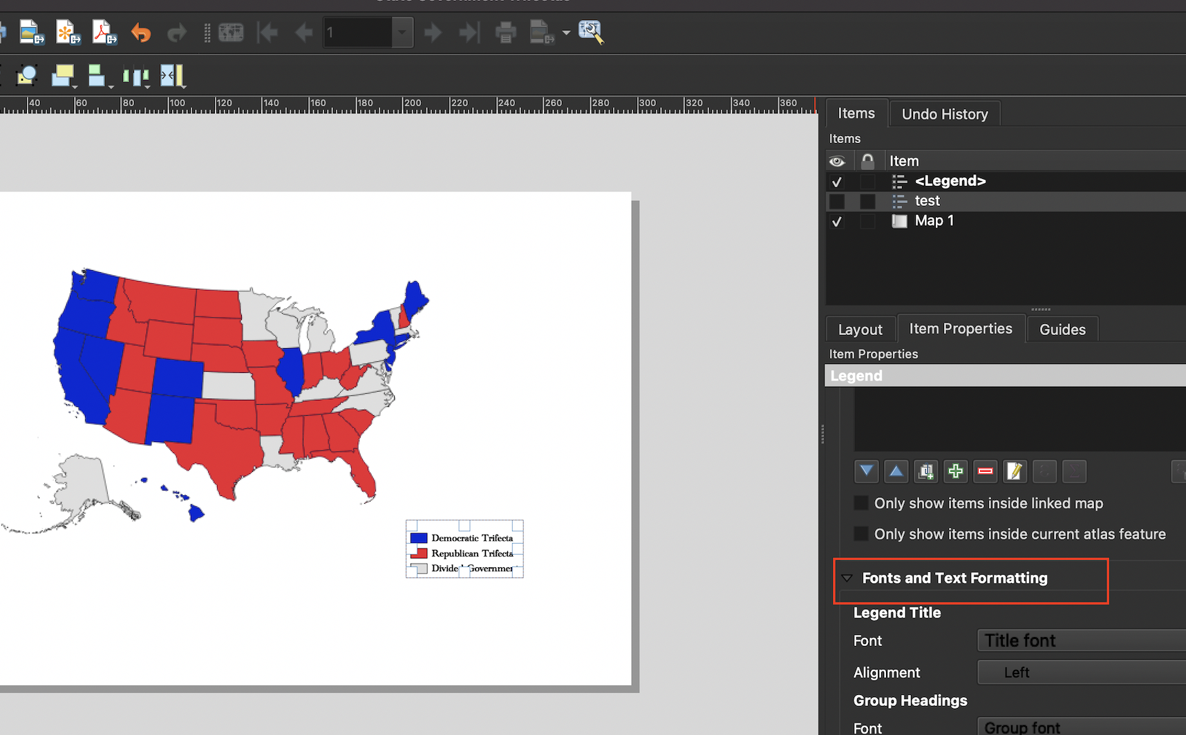 Scroll to legend dialog box's 'Font' section