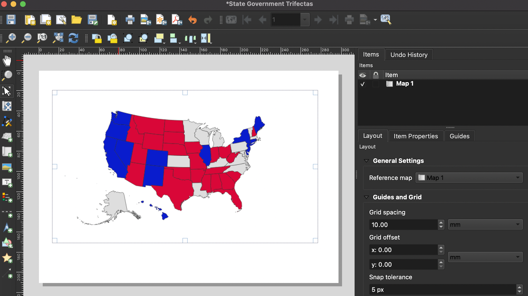 Shapefile imported into QGIS print layout as a map