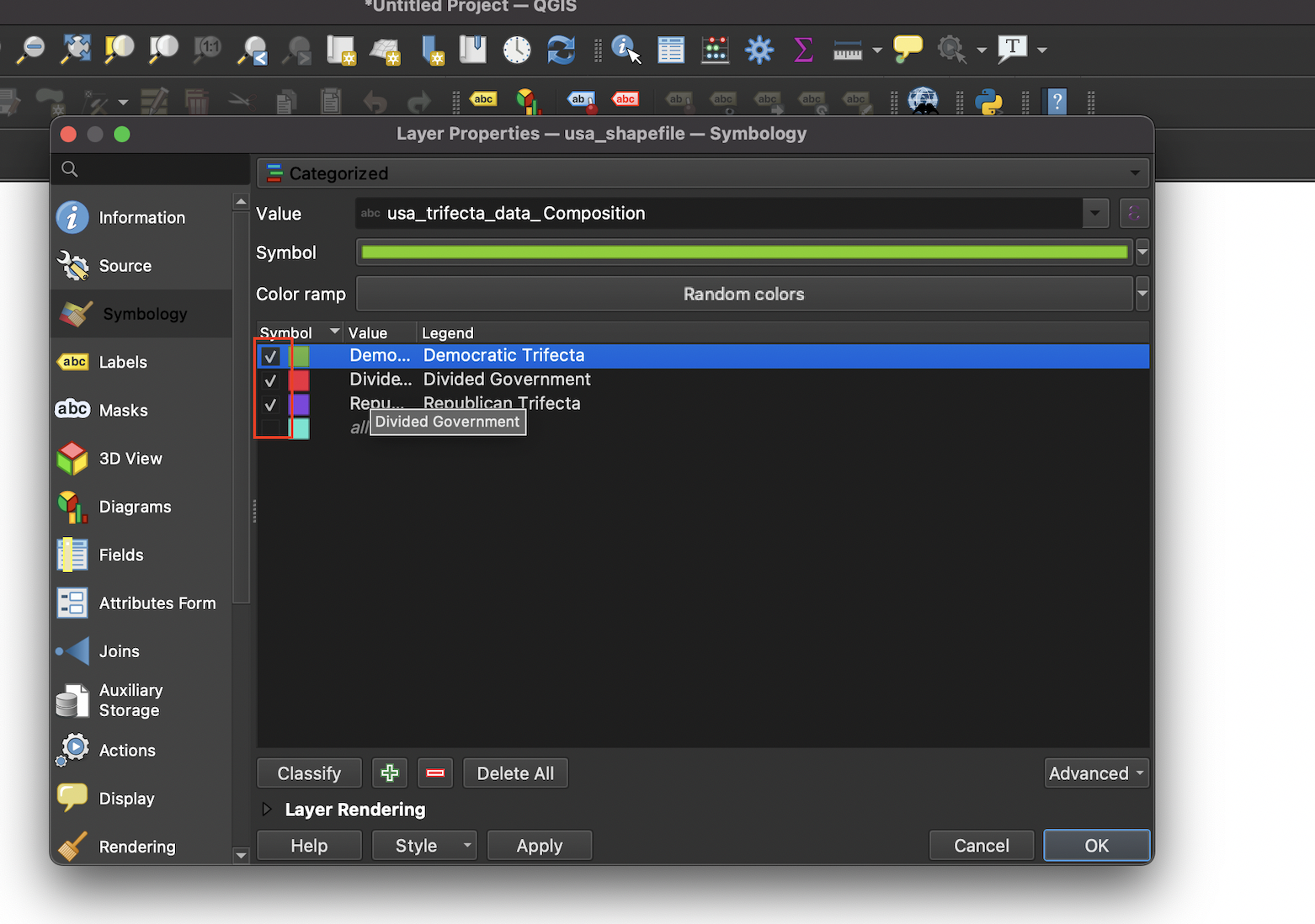 Select categories to be displayed