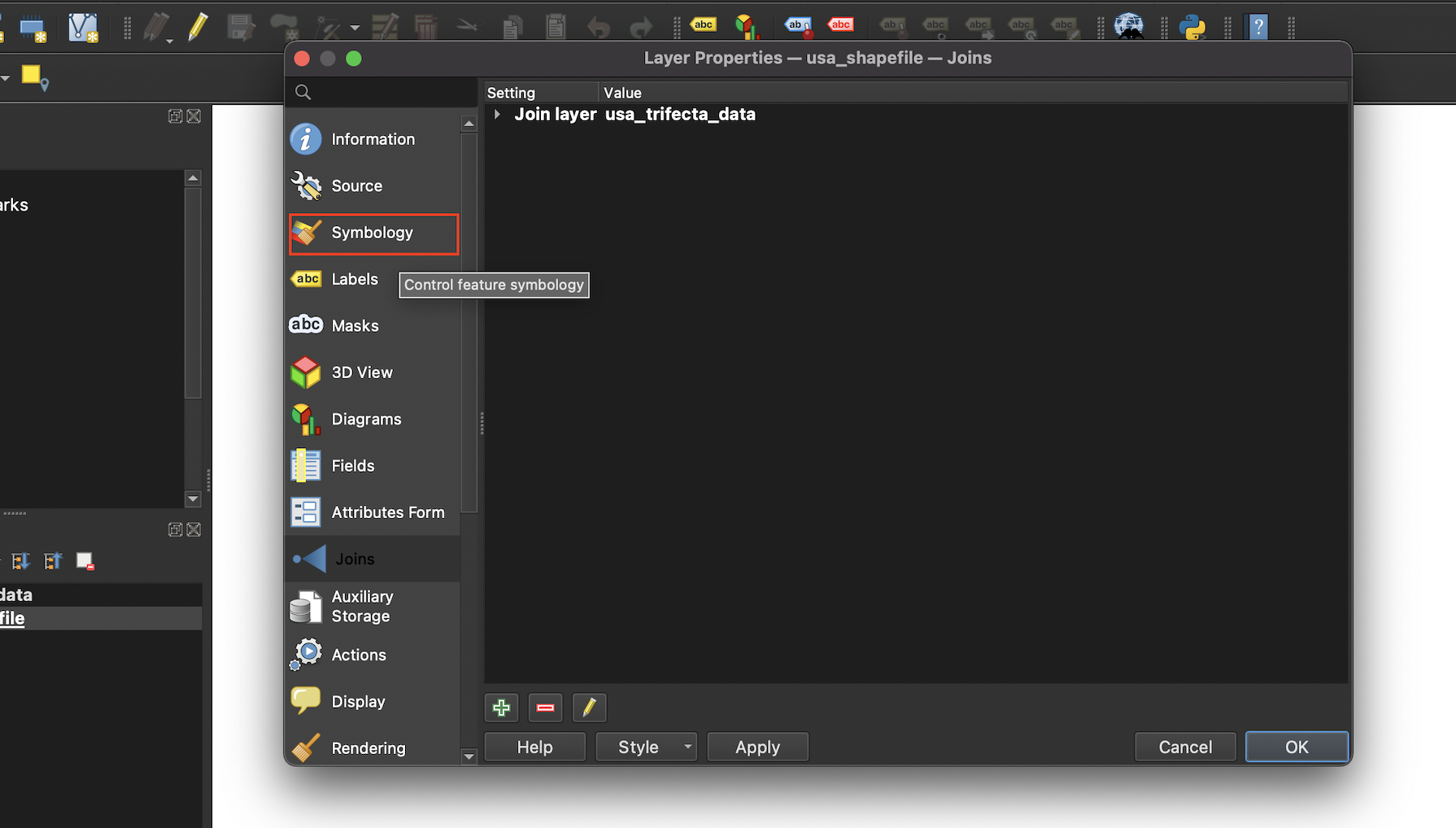Opening the `Symbology` tab from the `Properties` dialog box