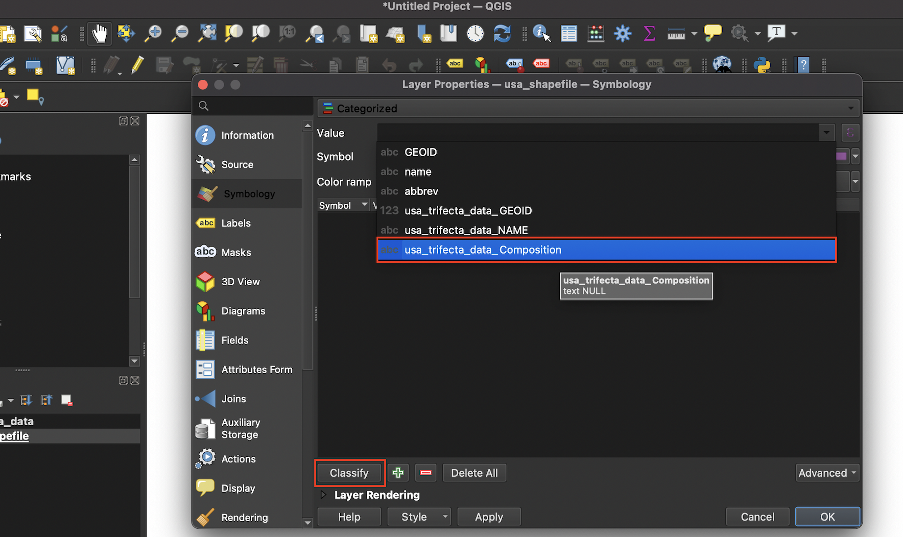 Select column containing categories to be mapped from the 'value' drop-down menu
