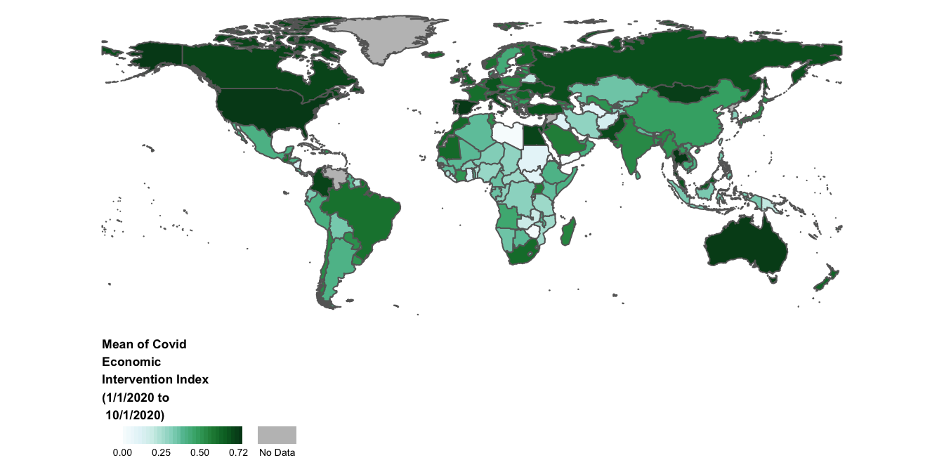 Choropleth world map showing variation in country-level average of covid economic intervention index; green color scheme ranging from lighter shades of green to represent lower values of the index and darker shades of green to represent higher values; countries without data are filled in with gray The map legend is a horizontal bar that displays values using a continuous color gradient with custom-chosen numbers arrayed below the gradient to help inform the viewer about the data distribution. The legend is displayed on the bottom-left of the map below and to the left of South America and is titled 'Mean of Covid Economic Intervention Index (1/1/2020 to 10/1/2020)'; the legend title is in bold and placed over the horizontal legend bar. There is no map frame surrounding the map.