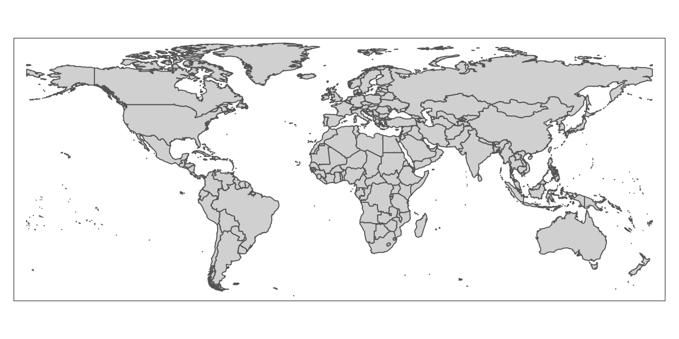 World map without Antarctica; countries are colored gray; map is bordered with map frame