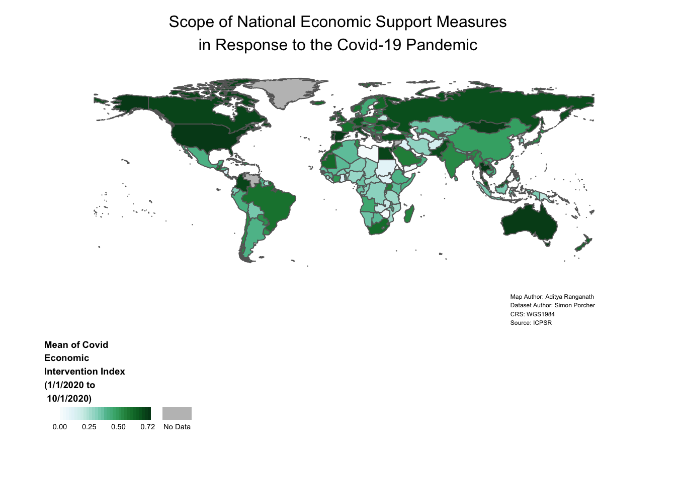 Reproduces map created in lesson and generated through summary script. Choropleth world map showing variation in country-level average of covid economic intervention index; green color scheme ranging from lighter shades of green to represent lower values of the index and darker shades of green to represent higher values; countries without data are filled in with gray The map legend is a horizontal bar that displays values using a continuous color gradient with custom-chosen numbers arrayed below the gradient to help inform the viewer about the data distribution. The legend is displayed on the bottom-left of the map below and to the left of South America and is titled 'Mean of Covid Economic Intervention Index (1/1/2020 to 10/1/2020)'; the legend title is in bold and placed over the horizontal legend bar. There is no map frame surrounding the map. The map's title is 'Scope of National Economic Support Measures in Response to the Covid-19 Pandemic', which is split into two lines and centered at the top of the map above the northern-most countries. The map map credits are split across four lines, and printed on the bottom-right of the map below Australia and New Zealand. 