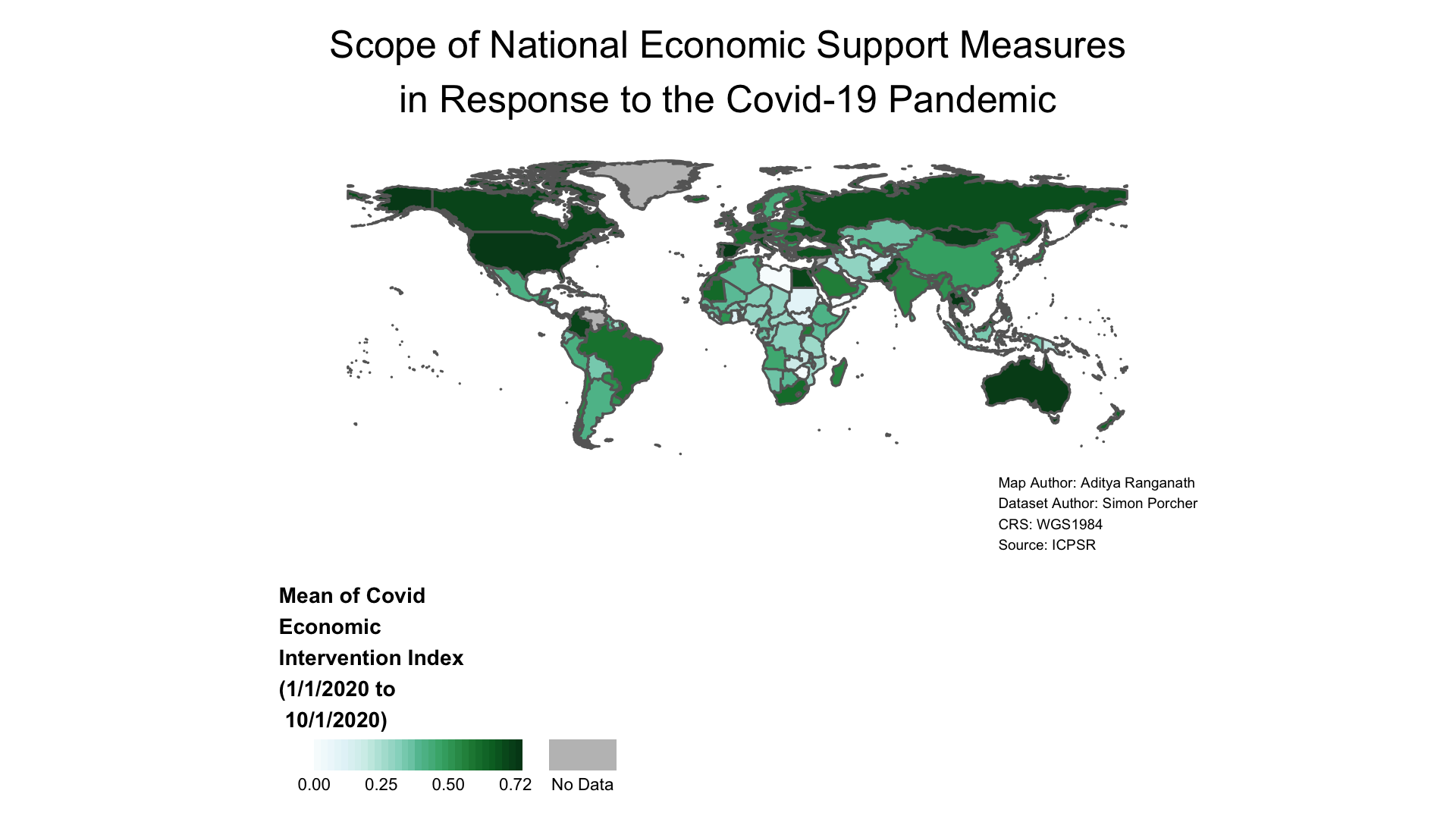 Screenshot of map created and exported in tutorial; the appearance of the map is identical to the one generated in Section 4.5.4 of the tutorial. It is a choropleth world map showing variation in the country-level average of the covid economic intervention index; green color scheme ranging from lighter shades of green to represent lower values of the index and darker shades of green to represent higher values; countries without data are filled in with gray The map legend is a horizontal bar that displays values using a continuous color gradient with custom-chosen numbers arrayed below the gradient to help inform the viewer about the data distribution. The legend is displayed on the bottom-left of the map below and to the left of South America and is titled 'Mean of Covid Economic Intervention Index (1/1/2020 to 10/1/2020)'; the legend title is in bold and placed over the horizontal legend bar. There is no map frame surrounding the map. The map's title is 'Scope of National Economic Support Measures in Response to the Covid-19 Pandemic', which is split into two lines and centered at the top of the map above the northern-most countries. The map credits are split across four lines, and printed on the bottom-right of the map below Australia and New Zealand.