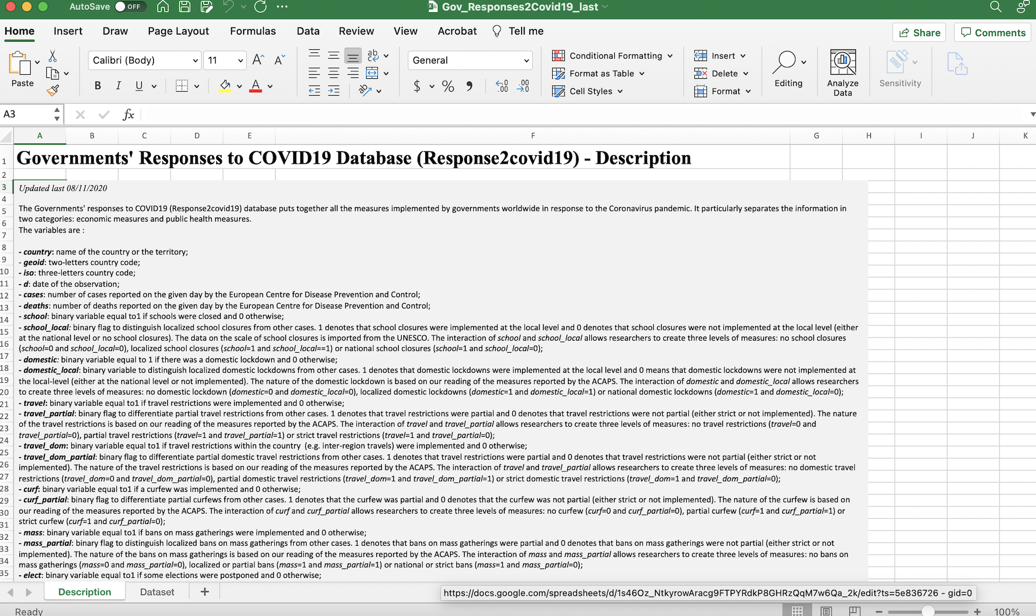 Screenshot of dataset's description tab opened in spreadsheet software; several variable definitions and descriptions are visible