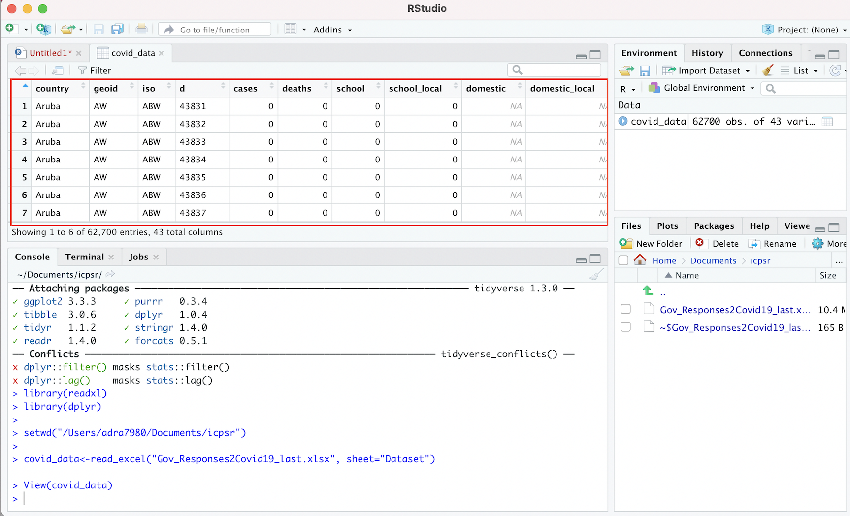 Screenshot of R Studio interface with covid_data object's contents displayed in R Studio Data Viewer; data viewer is outlined with a red rectangle