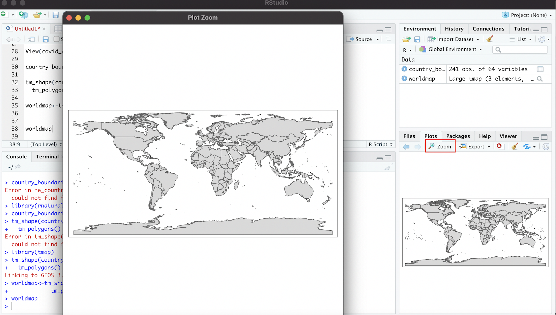 Screen shot that shows enlarged world map rendered from spatial dataset in R Studio's zoom window; the zoom button is highlighted in red